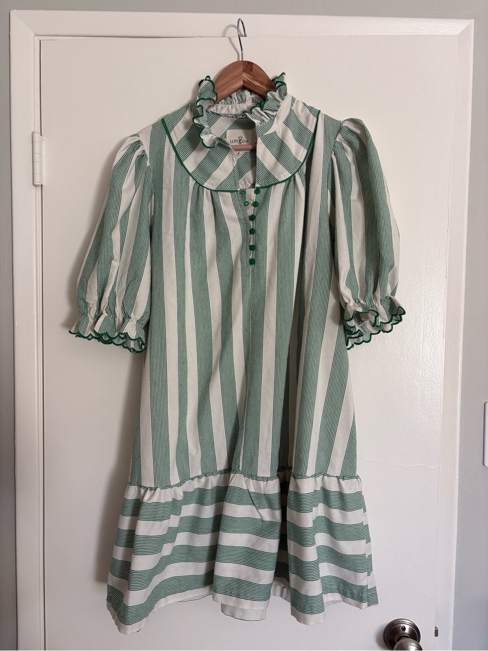 Green & White Striped Ruffle Collar Dress. 
NWOT